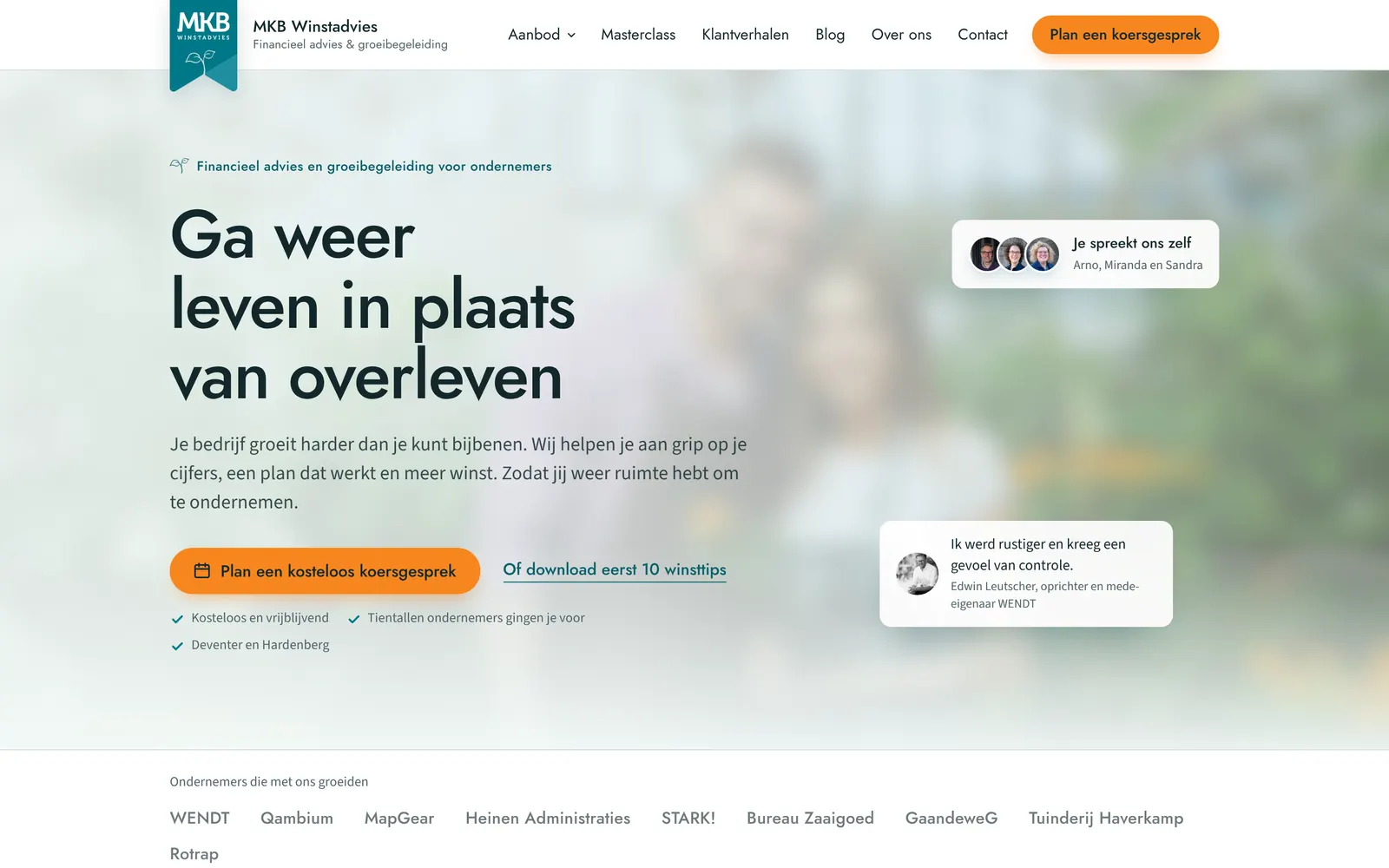 De nieuwe homepage van MKB Winstadvies: een duidelijke kop, één oranje knop, het team en een klantcitaat