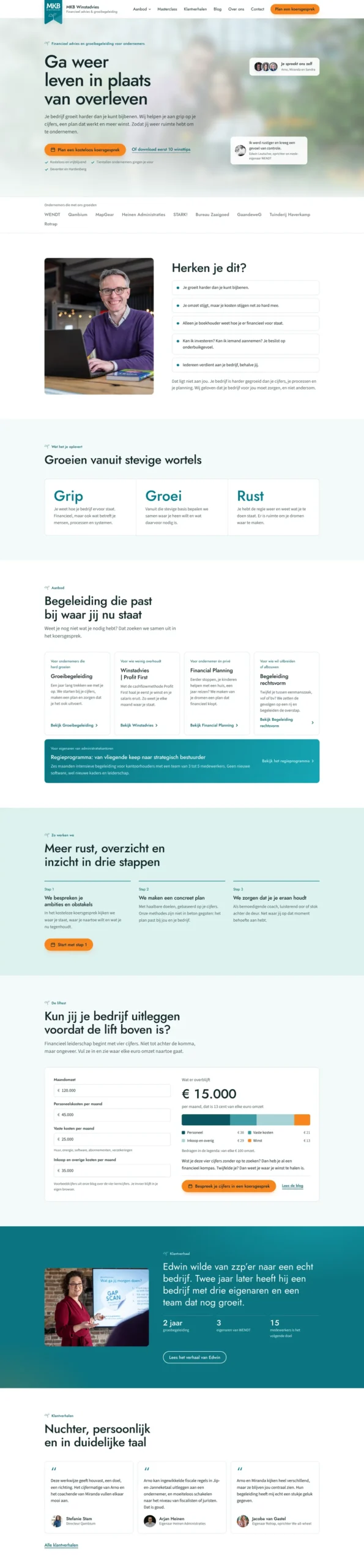 De nieuwe homepage van MKB Winstadvies, van boven naar beneden