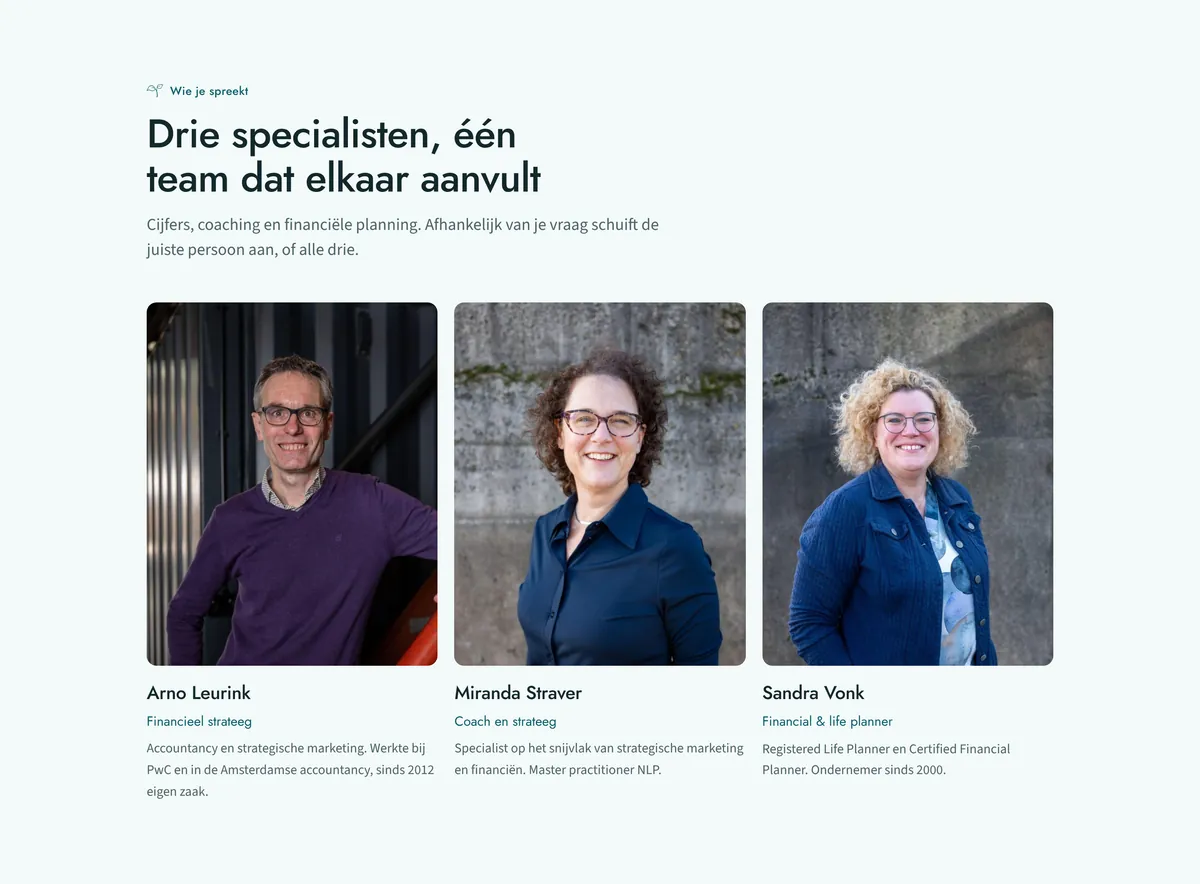 Arno, Miranda en Sandra van MKB Winstadvies, met hun rol eronder