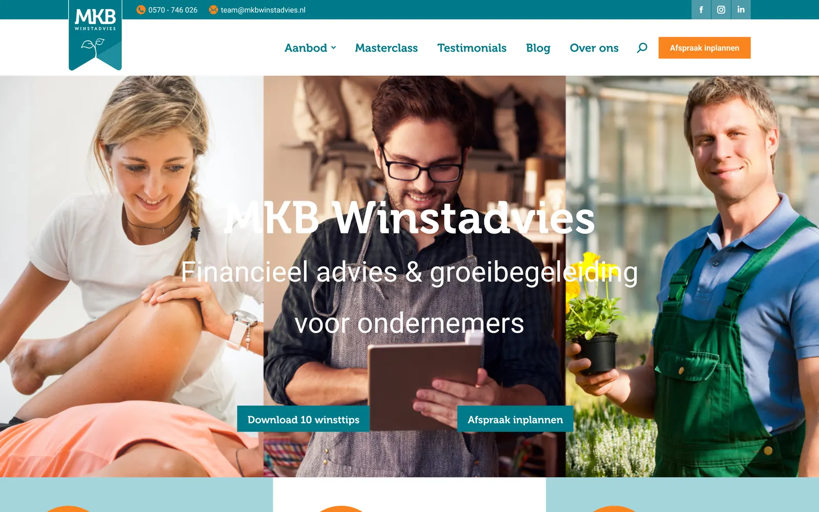De oude homepage van MKB Winstadvies: drie stockfoto's met daarover de naam en twee knoppen