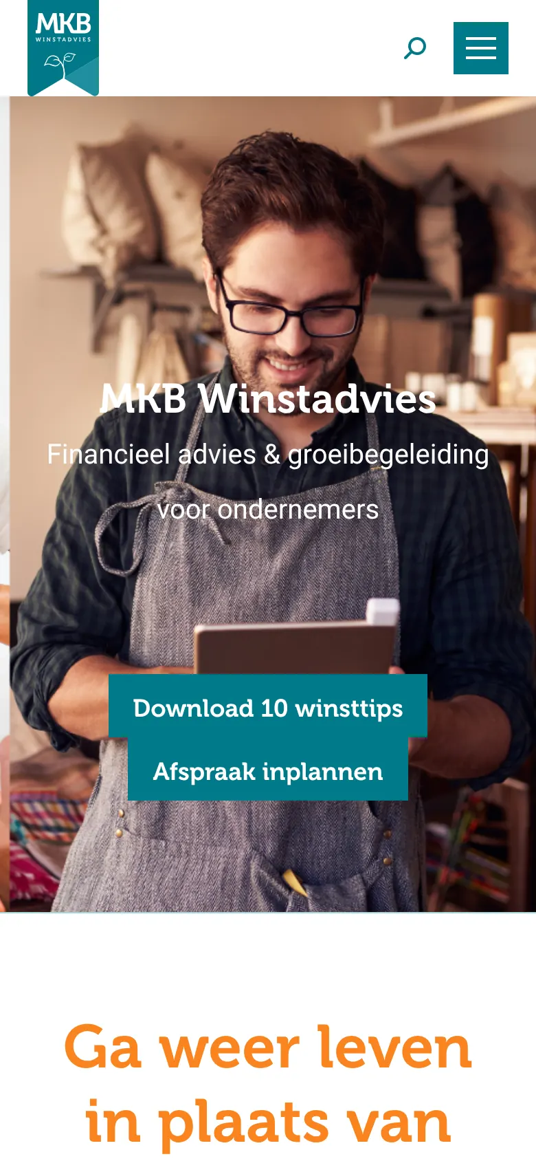 De oude homepage van MKB Winstadvies op een telefoon